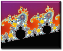 A colorful fractal design on a black surface

Description automatically generated